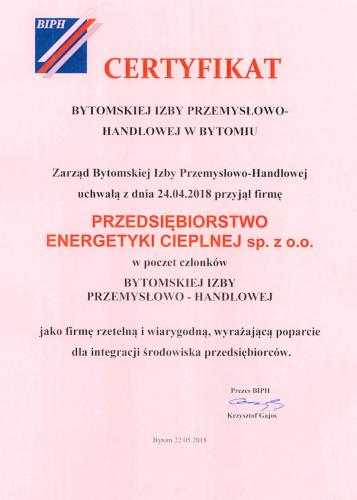 Certyfikat Bytomskiej Izby Przemysłowo - Handlowej w Bytomiu