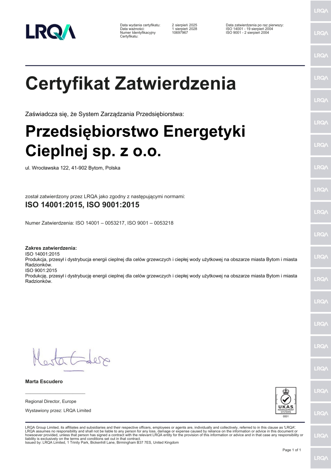 Certyfikat Zatwierdzenia ISO Certyfikat Zatwierdzenia ISO